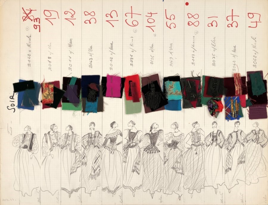 YSL designs on paper with fabric cutouts